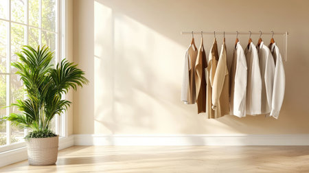 A stunning wardrobe display showcasing a collection of stylish clothing in a bright, airy room filled with natural light. A vibrant green plant adds a touch of nature to the serene space, emphasizing minimalistic and elegant design.の素材