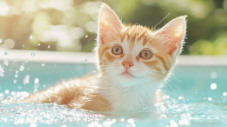 A charming orange kitten enjoys a playful moment in blue water, surrounded by glistening droplets, radiating joy and innocence in warm sunlight.の素材