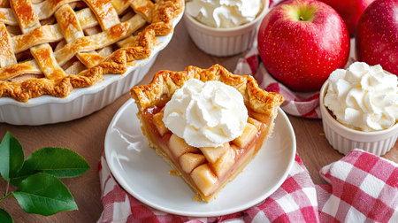 A beautifully presented slice of freshly baked apple pie topped with fluffy whipped cream, surrounded by red apples and cozy decor on a rustic wooden table.の素材