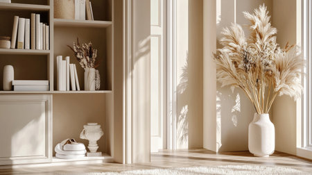 This serene indoor setting showcases elegant minimalist decor complemented by warm light, featuring natural botanical arrangements and stylish furnishings.の素材