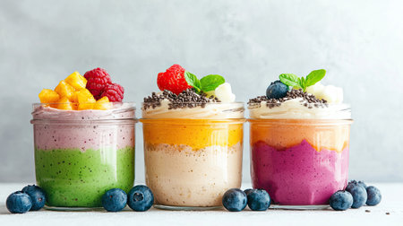 Delight in these colorful layered smoothie jars, topped with fresh fruits and berries. Perfect for health-conscious individuals seeking a refreshing snack or dessert option.の素材