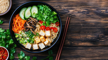 A vibrant bowl of Asian noodle soup featuring tofu, fresh vegetables, and aromatic herbs, perfect for a healthy meal or gourmet recipe inspiration.の素材
