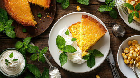 A delectable slice of moist corn cake topped with whipped cream and fresh mint leaves, beautifully presented on a rustic table setting. Perfect for gatherings.の素材