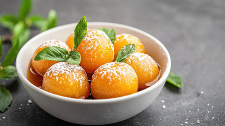 A visually stunning bowl of sweet round desserts soaked in syrup, garnished with fresh mint leaves, perfect for a delightful treat or party dessert.の素材