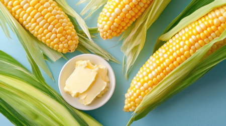 A beautiful arrangement of fresh sweet corn on the cob with a dollop of butter, set against a soft blue background, perfect for food styling and culinary inspiration.の素材