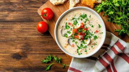 A vibrant bowl of fresh homemade soup made with vegetables and herbs, served on a rustic wooden board, paired with cherry tomatoes and slices of bread for a cozy meal.の素材