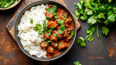 A vibrant bowl of fluffy rice served with a rich and aromatic curry, garnished with fresh herbs, perfect for a comforting meal at home.の素材