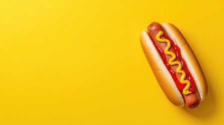 A delicious hot dog topped with mustard and ketchup rests on a vibrant yellow background. Ideal for food-related themes and summer picnics.の素材