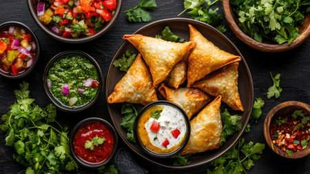 Savor the enticing flavors of freshly made samosas served with a selection of colorful chutneys and aromatic herbs on a rustic black background.の素材
