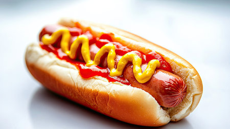 A beautifully styled hot dog topped with mustard and ketchup, resting on a clean white background. Ideal for food-related projects and summer events.の素材