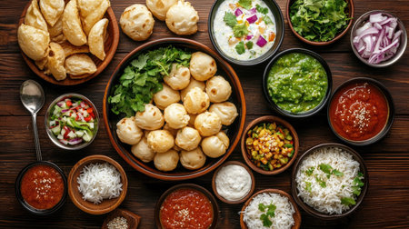 An inviting arrangement of various Indian street food items showcases a colorful mix of dumplings, sauces, and garnishes on a rustic wooden table, perfect for sharing.の素材