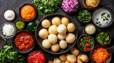 A vibrant display of traditional Indian snacks featuring a variety of dips and fresh ingredients arranged beautifully on a dark background.の素材