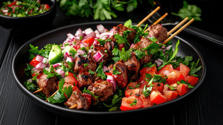Savor the delightful presentation of grilled meat skewers served with fresh vegetables and herbs, perfect for summer gatherings and food enthusiasts.の素材