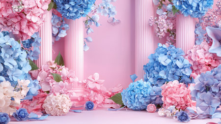 This stunning floral arrangement features pink and blue hydrangeas alongside decorative columns against a soft pastel background, creating a serene and inviting atmosphere.の素材