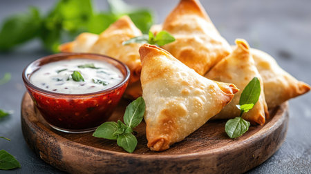 A plate of crispy golden samosas filled with delicious spices, served with fresh mint chutney and tangy tomato sauce, perfect for sharing.の素材