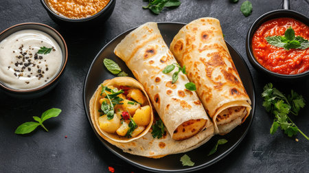This image showcases an enticing platter of Indian cuisine featuring stuffed pancakes, yogurt dip, and flavorful spicy sauces, perfect for food lovers.の素材