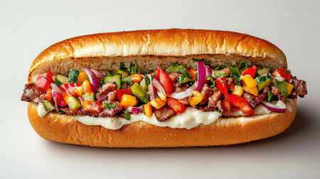 A mouthwatering gourmet sandwich featuring grilled meat, a medley of fresh vegetables, and creamy sauce nestled in a soft, toasted bun. Perfect for any meal!の素材
