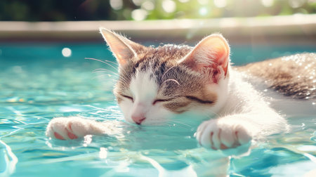 A charming cat floats gracefully in the shimmering water of a pool, enjoying a sunny day. The relaxed expression and gentle splashes capture the tranquility of summer.の素材