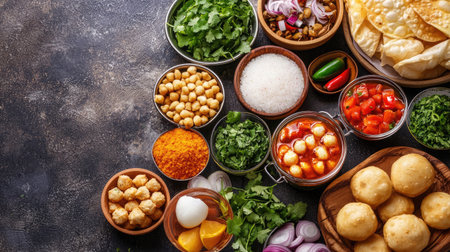 A vibrant assortment of fresh ingredients ideal for preparing traditional Indian cuisine, featuring various spices, vegetables, and bread arranged on a rustic surface.の素材