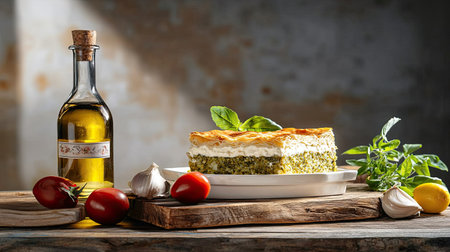 A beautifully styled plate of homemade pesto lasagna accompanied by fresh ingredients like tomatoes, garlic, and a bottle of olive oil on a rustic wooden table.の素材