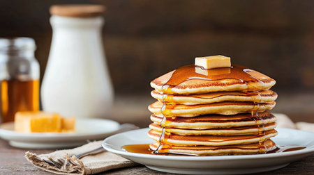 A tall stack of fluffy pancakes topped with a pat of butter, drizzled with warm maple syrup, and served on a rustic wooden table, perfect for breakfast.の素材