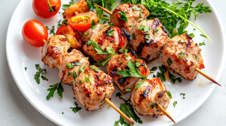 A vibrant display of grilled chicken skewers, garnished with fresh herbs and accompanied by cherry tomatoes, perfect for summer meals and gatherings.の素材