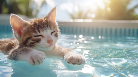 A charming kitten enjoys a moment of bliss while floating in clear water, basking in warm sunlight. The scene captures playful innocence and tranquility.の素材