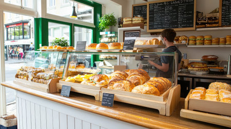 A warm and inviting bakery showcases an assortment of freshly baked pastries and breads, creating a perfect space for enjoying delightful treats.の素材