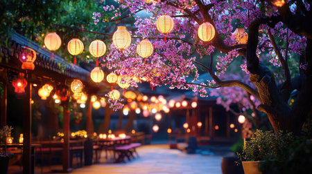 A serene evening scene featuring blooming cherry blossoms and glowing lanterns in a picturesque Japanese garden. The soft light creates a calming atmosphere.の素材