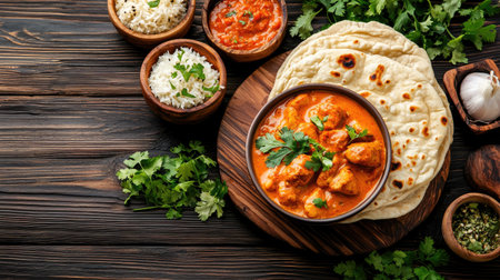 A vibrant plate of Indian chicken curry served with soft naan, fragrant rice, and rich spicy sauces, perfect for showcasing authentic cuisine.の素材