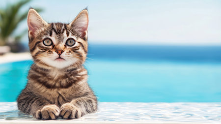 A charming tabby cat lounges by the poolside, gazing curiously at the camera with bright eyes, capturing the essence of a serene summer day by the sea.の素材