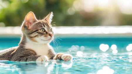 A charming cat relaxes in a vibrant swimming pool, surrounded by sunlight and reflections. Its curious gaze adds a playful touch to a serene summer scene.の素材