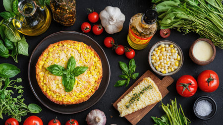 A beautifully arranged corn pie with a fresh basil garnish is surrounded by an array of colorful vegetables and herbs, showcasing healthy cooking ingredients.の素材