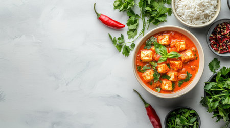 Experience the vibrant flavors of paneer butter masala served with fluffy rice and fresh herbs. A perfect vegetarian dish for any gathering.の素材
