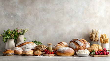 A beautifully arranged display of freshly baked bread, pastries, and vibrant berries on a rustic table, showcasing natural ingredients for culinary inspiration.の素材