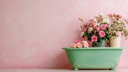 A charming vintage bathtub filled with fresh-cut roses in soft pastel hues, set against a textured pink wall, creates an inviting and peaceful atmosphere.の素材