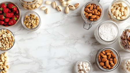 An inviting layout featuring an assortment of nuts and dried fruits displayed in glass jars atop a marble surface, perfect for healthy snack ideas and food photography.の素材