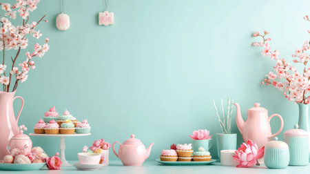 This vibrant dessert table showcases an array of colorful cupcakes, elegant teapots, and beautiful flowers against a soft aqua background, ideal for spring celebrations.の素材