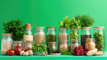 A vibrant arrangement of fresh herbs, grains, and vegetables in glass jars on a bright green background, showcasing a healthy and colorful culinary lifestyle.の素材