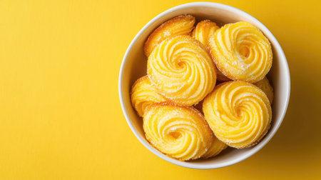 A bowl filled with delightfully swirled cookies resting on a bright yellow background, perfect for showcasing the joyful essence of homemade treats.の素材