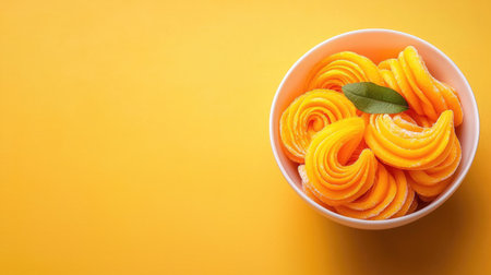 A vibrant bowl filled with fresh mango slices showcases a bright yellow backdrop, creating a cheerful and appetizing food presentation perfect for summer.の素材