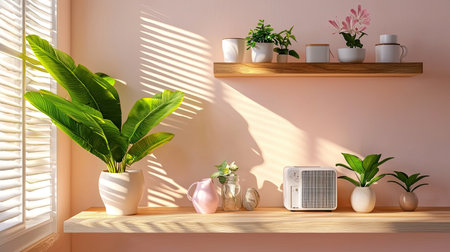 Bright and inviting interior featuring decorative shelves adorned with lush indoor plants and a stylish air conditioner under warm sunlight.の素材
