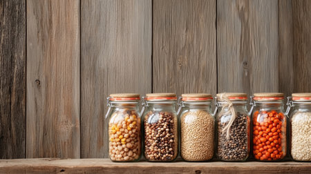 This image showcases a collection of colorful glass jars filled with various dry ingredients, elegantly arranged on a rustic wooden shelf, perfect for kitchen decor.の素材