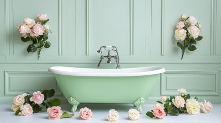A stunning vintage bathtub set against a soft green wall, adorned with delicate pink and white roses creating a serene and elegant bathroom atmosphere.の素材