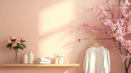 A serene interior scene featuring a soft pink wall adorned with a blossoming cherry tree, fresh roses, and neatly arranged towels, creating a tranquil atmosphere.の素材