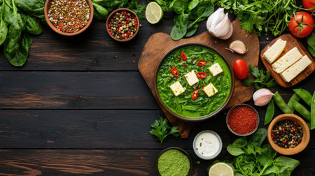 A delicious spinach soup garnished with feta cheese and fresh vegetables, showcasing vibrant colors and healthy ingredients on a rustic wooden table.の素材