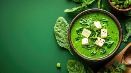 A delightful bowl of fresh green vegetable soup features spinach, tofu, and aromatic herbs, showcasing a vibrant dish on a sleek green background.の素材
