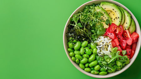 A vibrant salad bowl showcasing a mix of fresh vegetables including avocado, tomato, and greens, perfect for a nutritious meal or snack.の素材