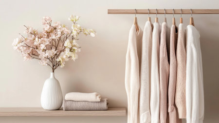 This image features a stylish arrangement of soft pastel sweaters on a minimalist shelf, complemented by a delicate floral vase, creating a cozy ambiance.の素材