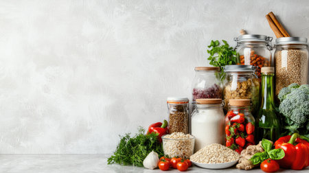 This vibrant composition showcases an array of fresh organic produce and healthy ingredients in glass jars, set against a light marble background, perfect for culinary use.の素材